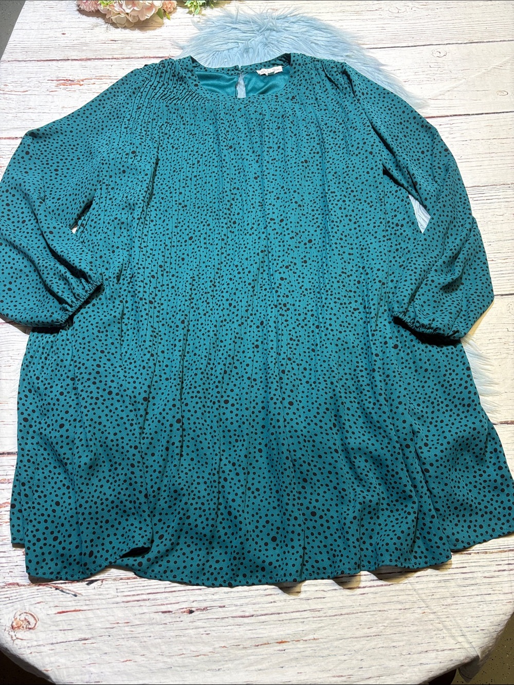 Ophelia Roe Teal Polka Dot Pleated Long Sleeve Mini Dress sz XL